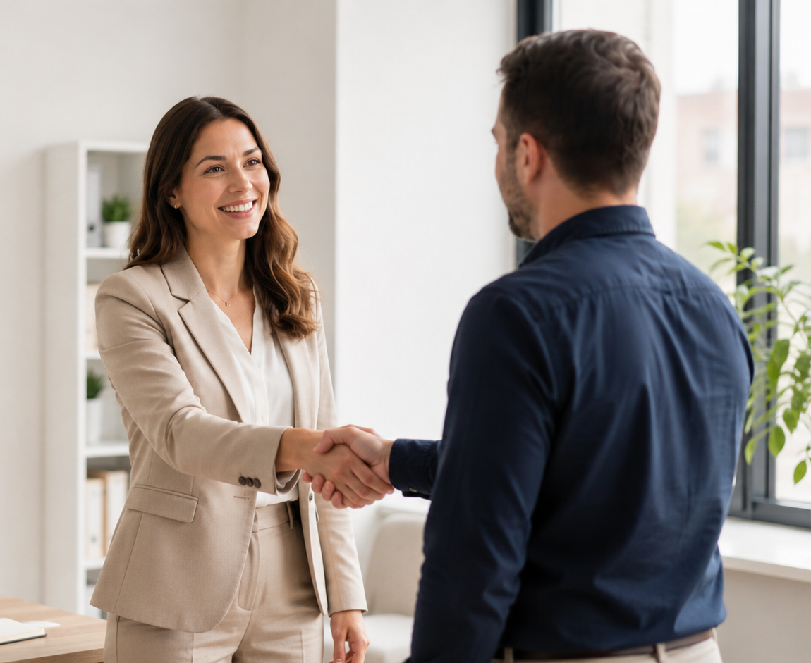 Business professional shaking hands with a client, concluding a successful consultation.