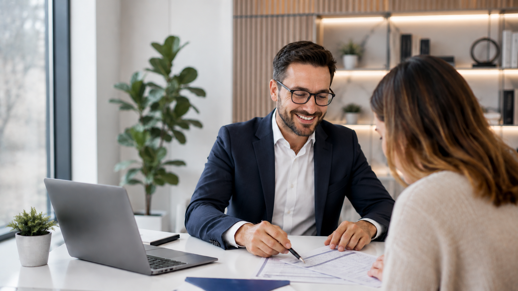 Accountant advising a client on tax matters at a desk with documents and a laptop.