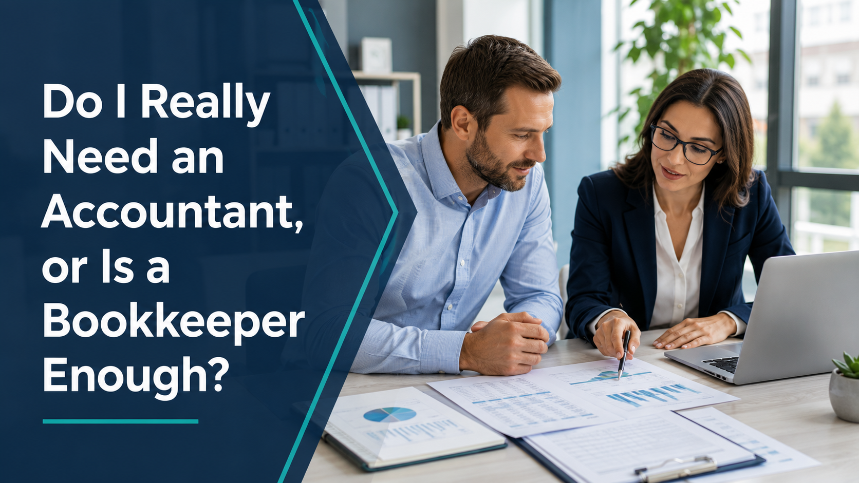Small business owner reviewing finances with an accountant to decide whether a bookkeeper is enough