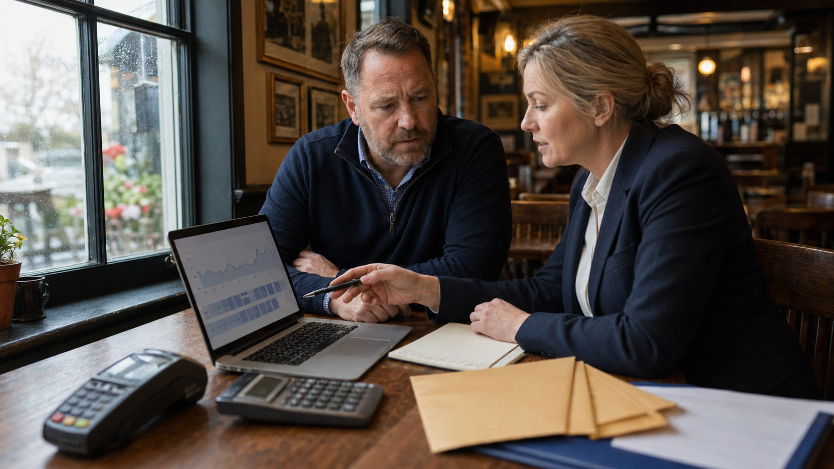 Pub owner reviewing payroll, tronc, profit margins and cash flow with a specialist pub accountant