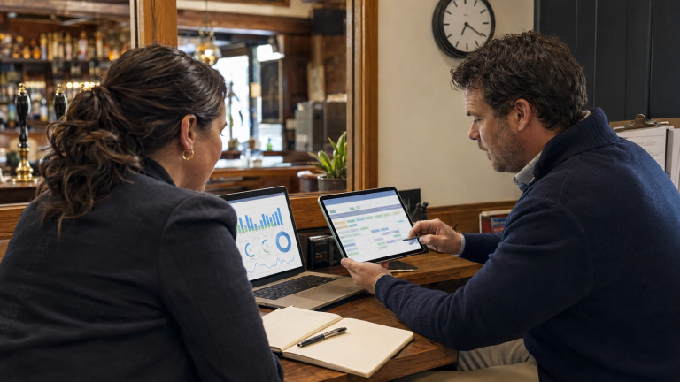Pub manager checking staff hours, rota costs and payroll records before processing wages