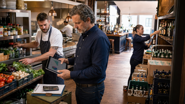 Pub owner analysing food and drink costs, stock levels and gross profit margins
