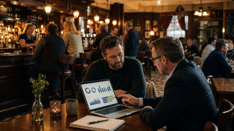 Busy pub owner receiving practical accounting advice about financial pressure behind the scenes