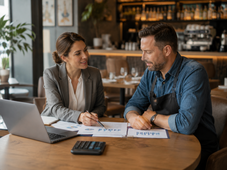 Hospitality accountant advising a restaurant owner about VAT, payroll, cash flow and tax planning.