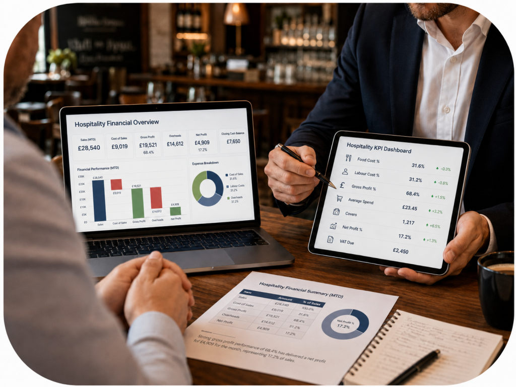 Hospitality accountant presenting restaurant sales, gross profit, labour costs and cash-flow figures.