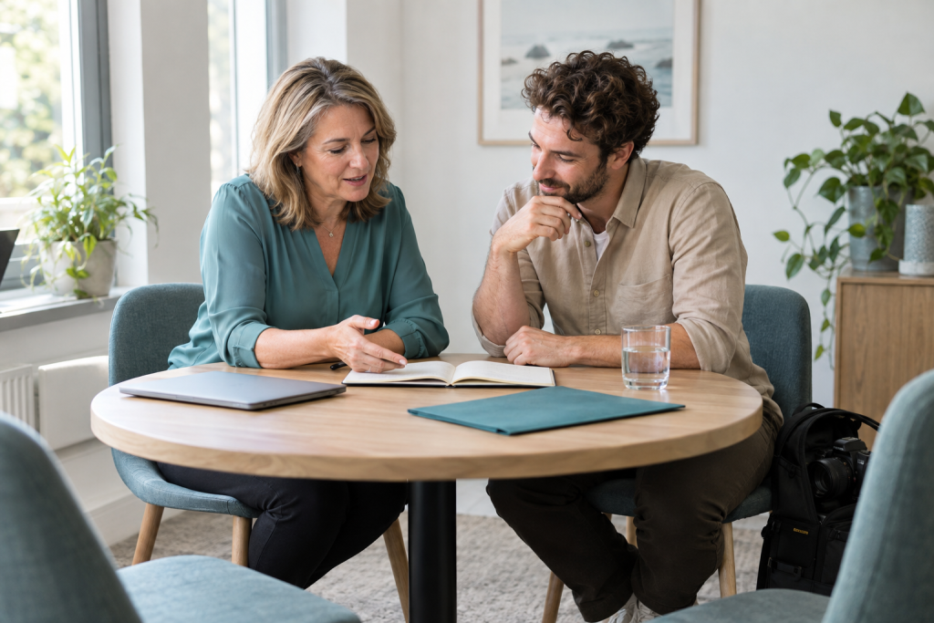 Accountants for freelancers: adviser and client reviewing a notebook.