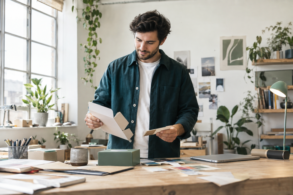 Freelance designer reviewing packaging samples in a bright studio.