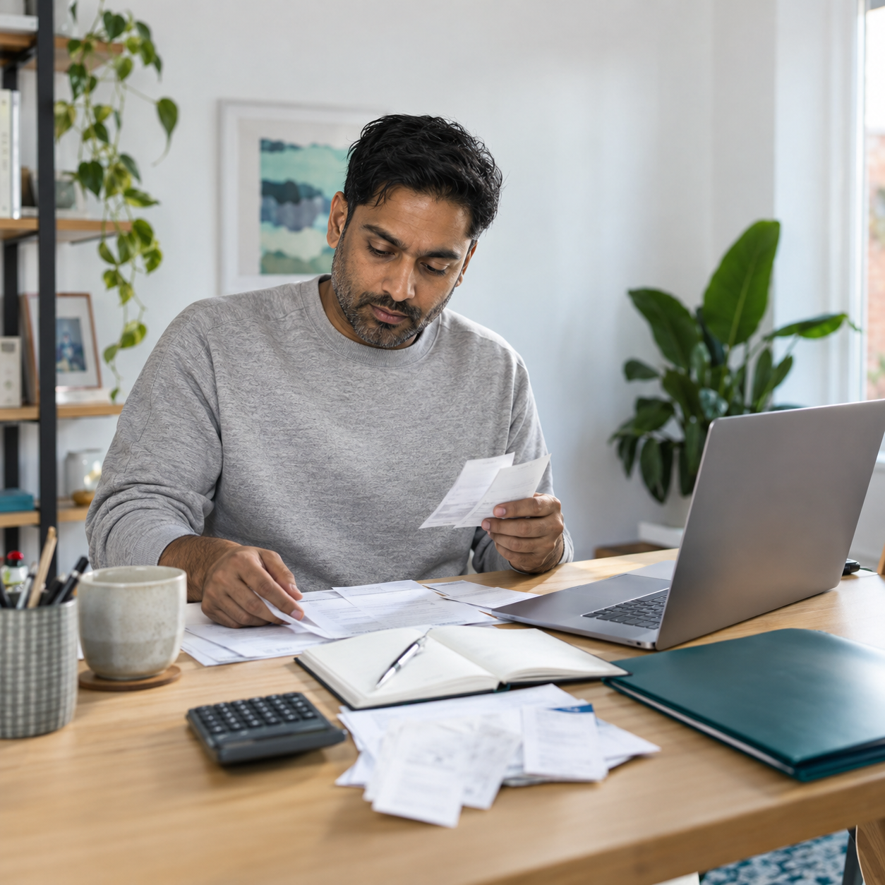 Freelancer sorting paperwork