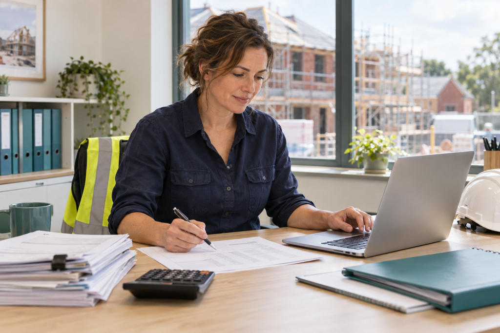 Construction business owner reviewing project costs and invoices beside a laptop, with a building site visible through the window with the new portal from accountants for construction companies.