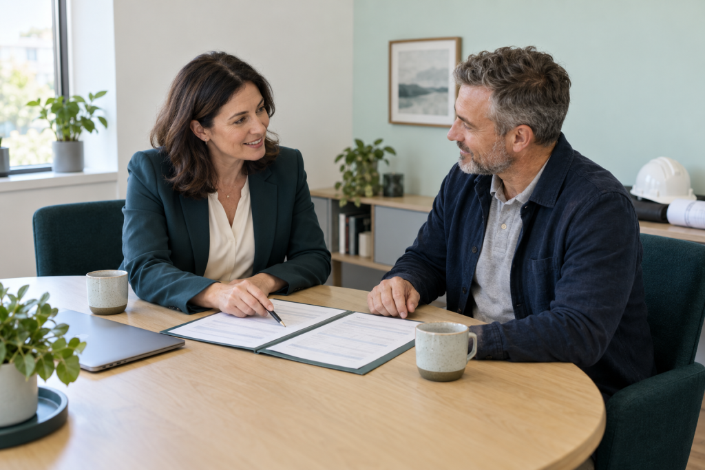 Accountant explaining a service proposal to a construction business owner during an office meeting.