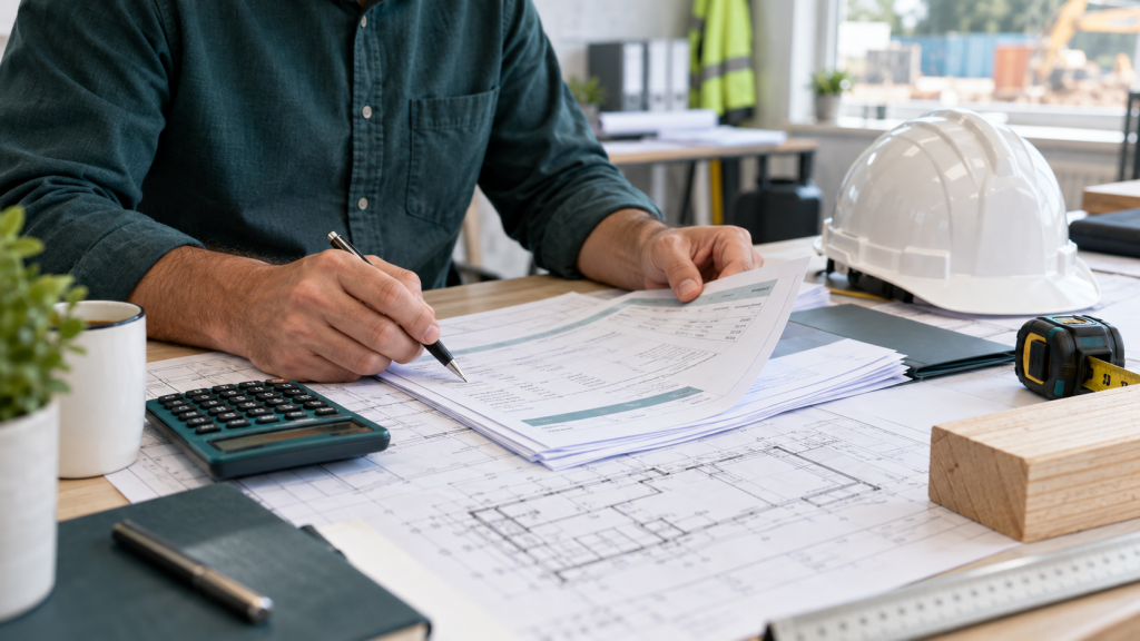 Construction business owner reviewing invoices and building plans beside a calculator, hard hat and tape measure.