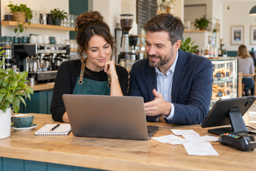 Hospitality business owners discussing Making Tax Digital with hospitality accountants.