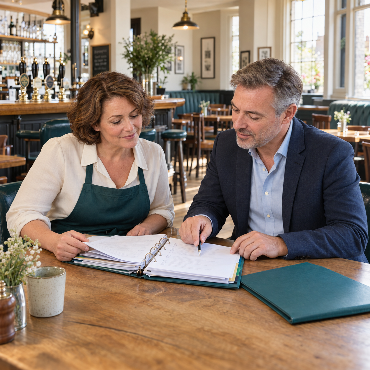 Restaurant owners discussing a switch to hospitality accountants.