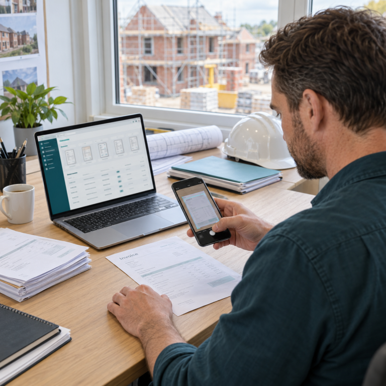 Construction business owner scanning a supplier invoice with a phone beside a laptop displaying digital bookkeeping records.