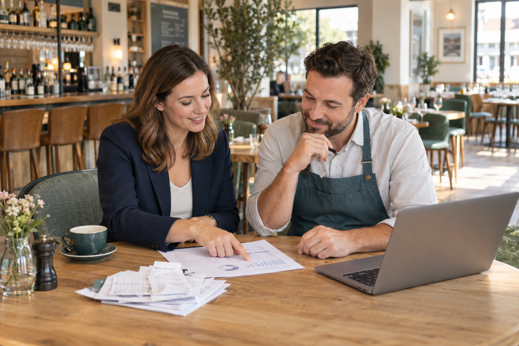 Venue owner reviewing business figures with hospitality accountants.