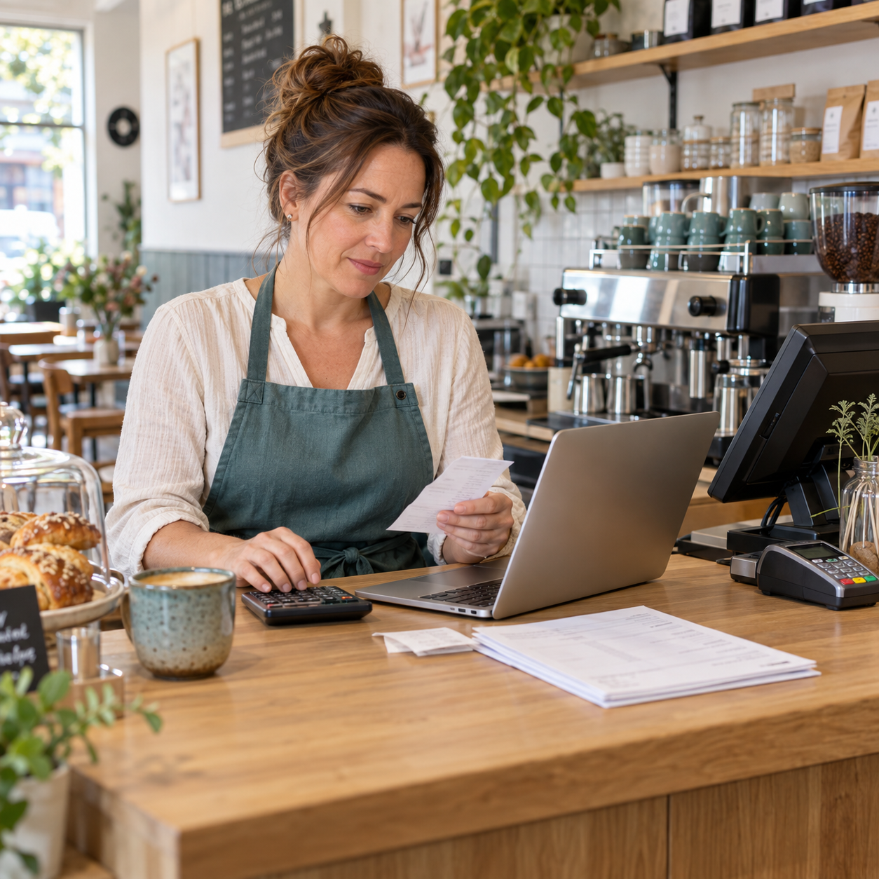 Café owner reviewing daily records with hospitality accountants.