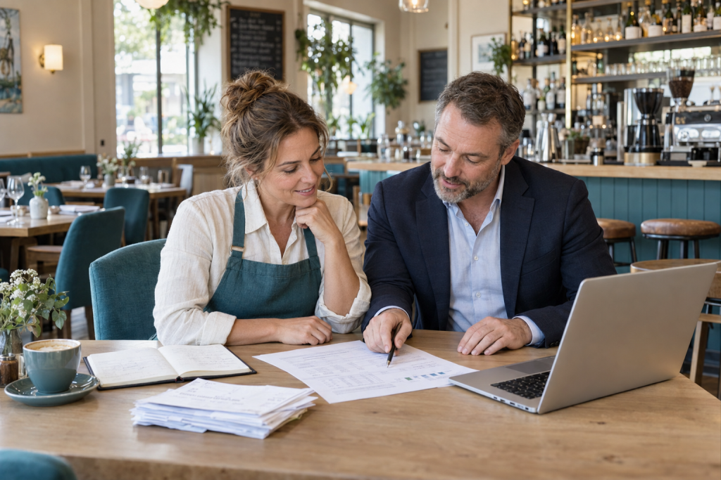 Business owner discussing venue finances with hospitality accountants.