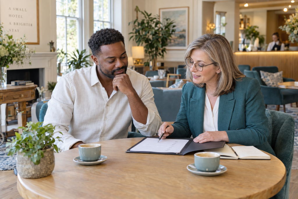 Hotel owner discussing an accounting plan with hospitality accountants.