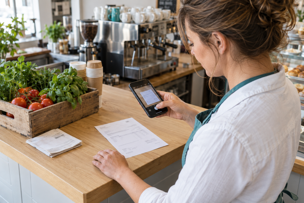 Café owner recording business expenses with hospitality accountants.