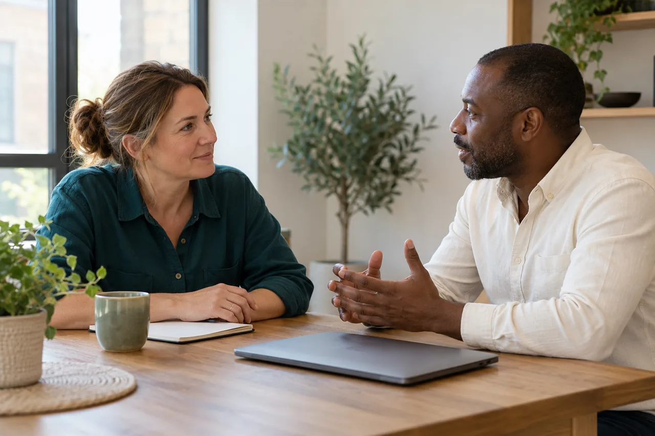 Construction business owner and adviser talking across a table in a bright meeting room.