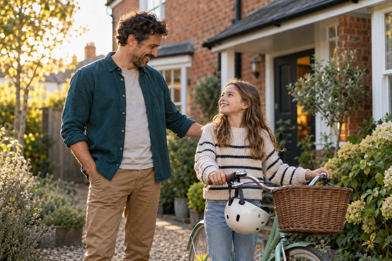 Parent and child sharing a smile beside a bicycle in a leafy front garden.