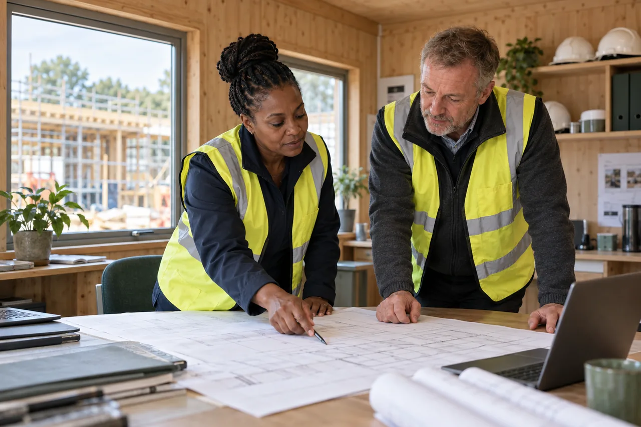 Two construction managers reviewing plans at a table in a site office.
