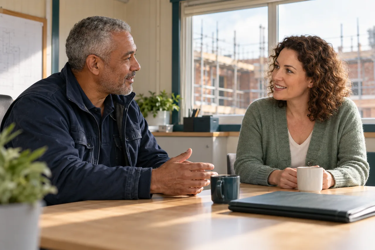 Construction business owner and adviser talking in a bright site office.