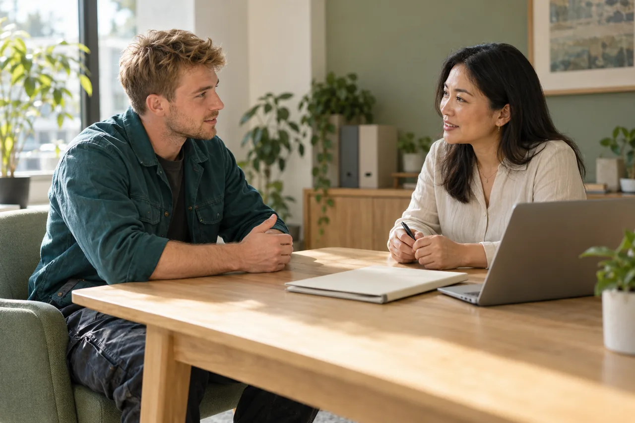 Young tradesperson speaking with an adviser at a light wooden desk.