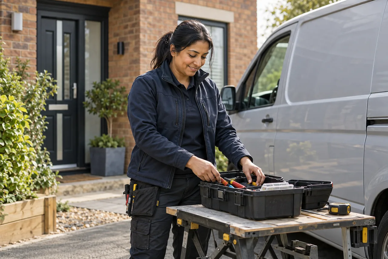Electrician organising tools beside a parked van outside a finished brick house.