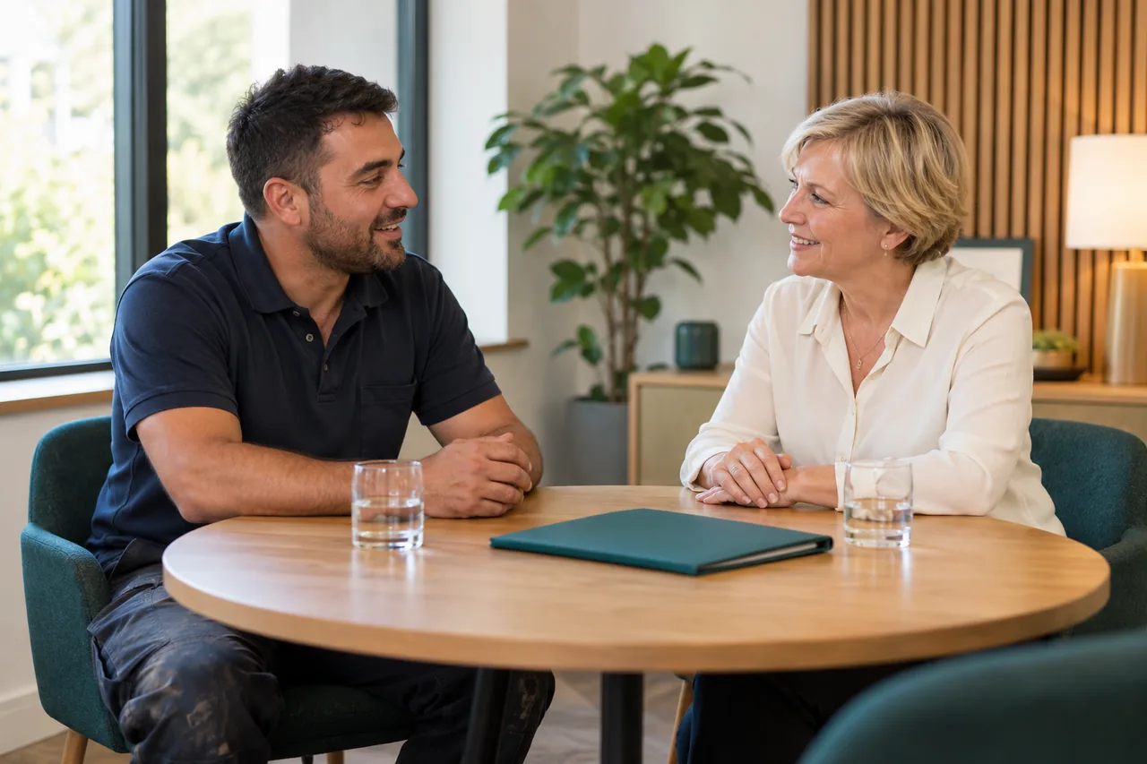 Tradesperson and adviser talking together at a round table in a bright office.