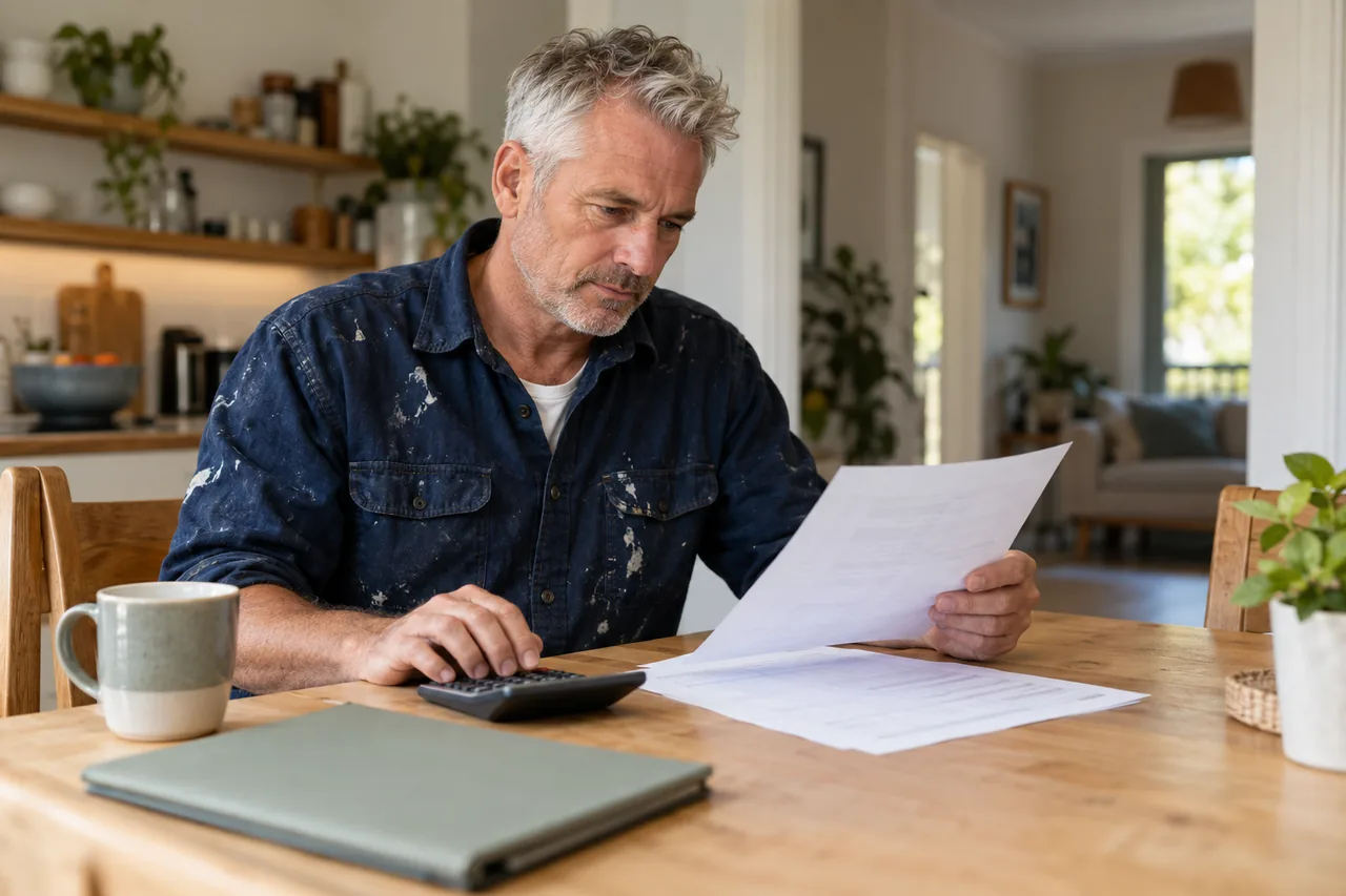 Tradesperson reviewing paperwork with a calculator at a kitchen table.