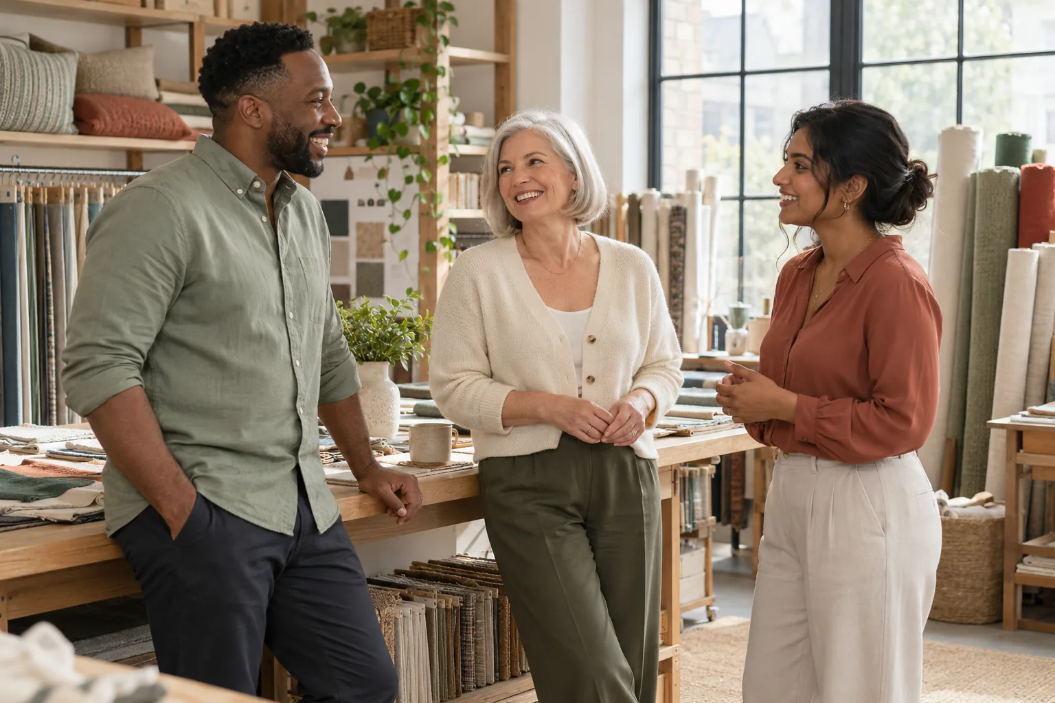 Three colleagues talking together beside fabric samples in a light design studio.