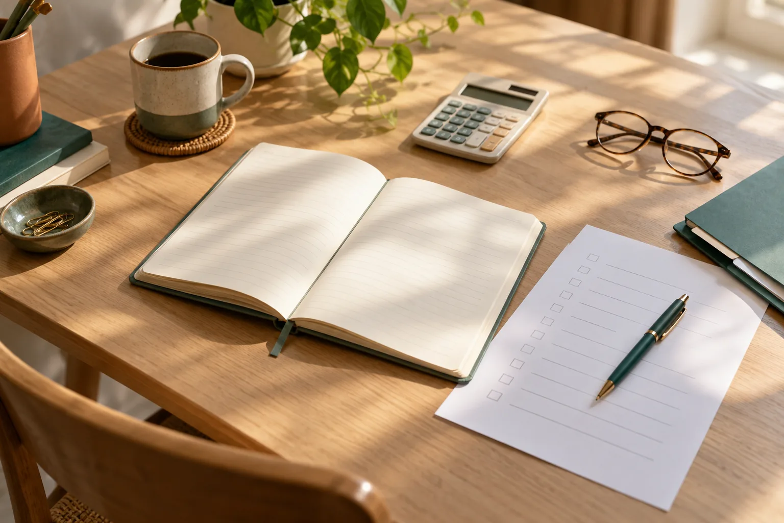 A notebook, paper checklist and teal folder arranged on a light wooden desk.