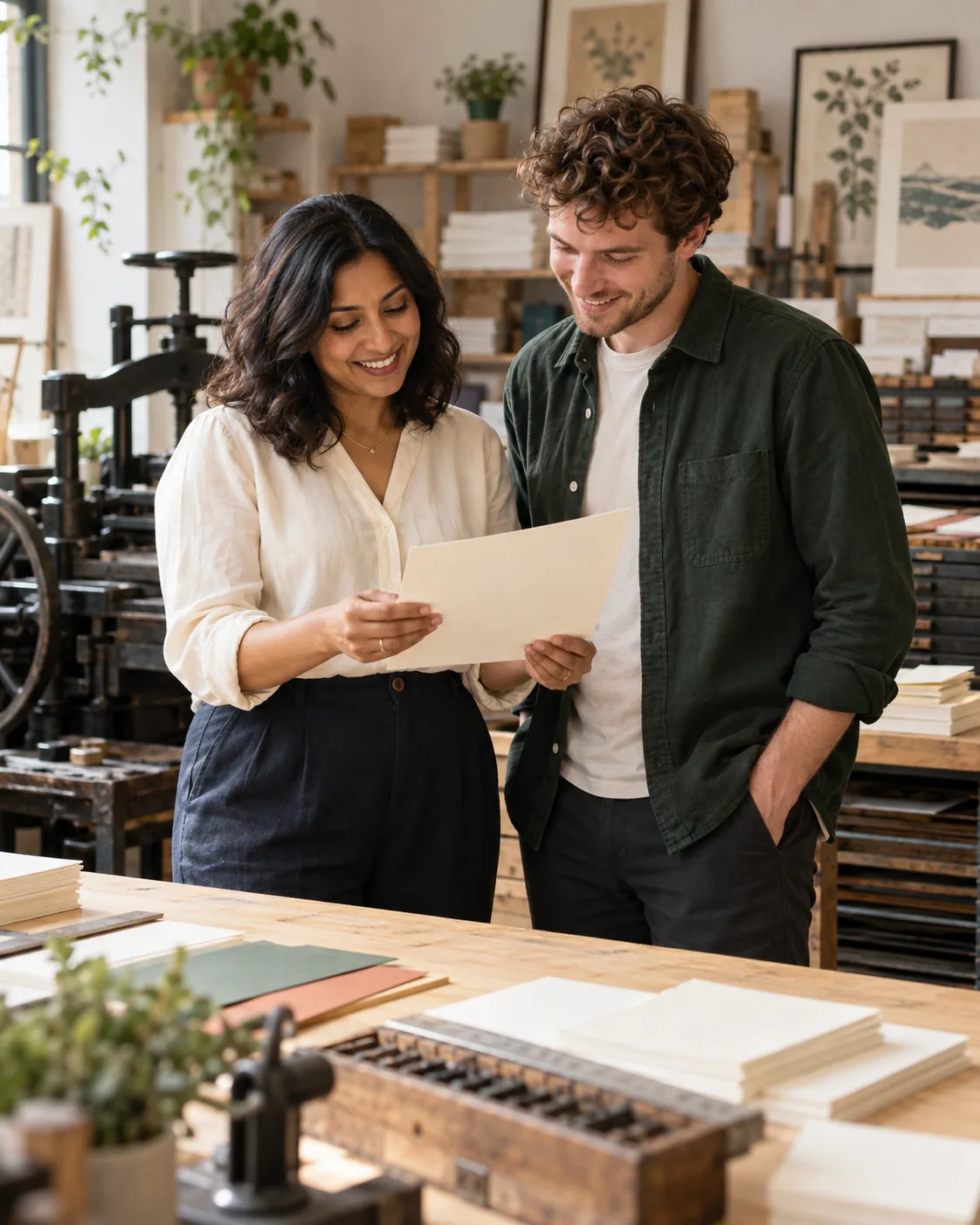 Two colleagues sharing a friendly moment in a bright independent print workshop.