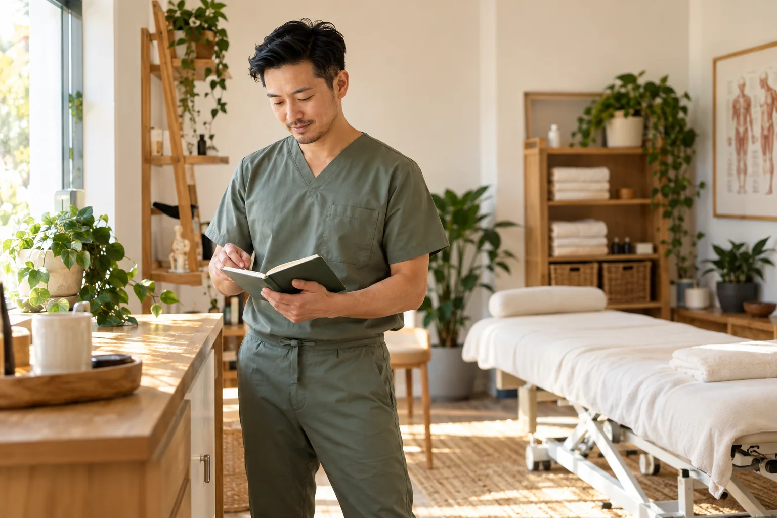Self-employed physiotherapist reviewing a notebook in a light treatment room.