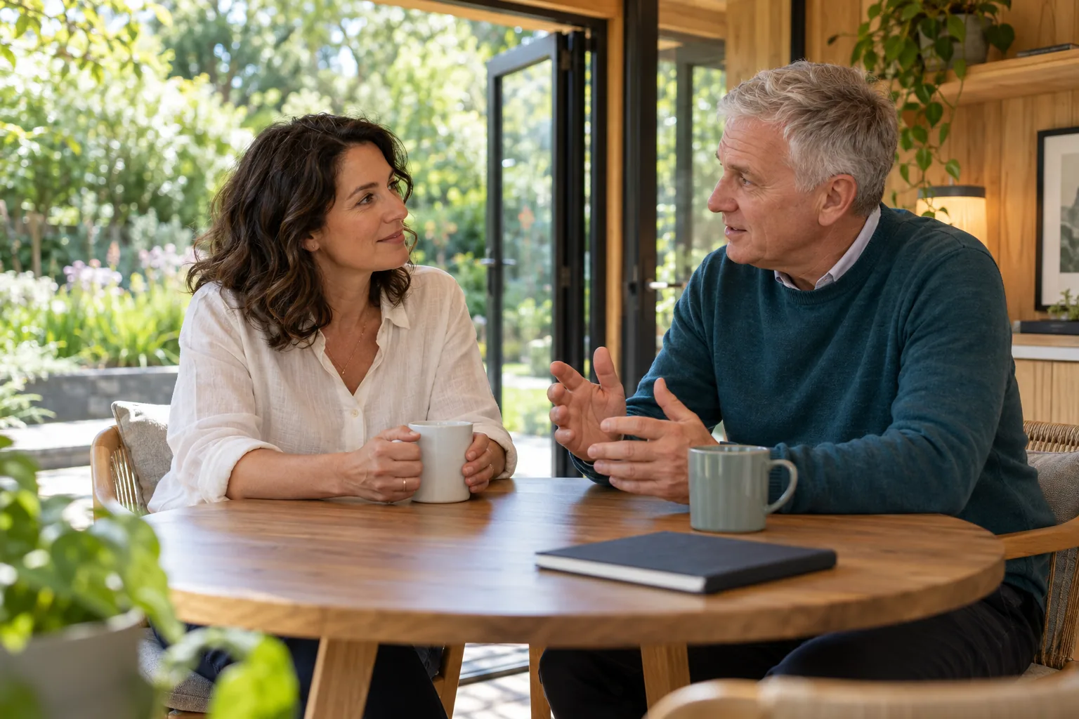 Two people having a friendly conversation in a sunlit garden office.