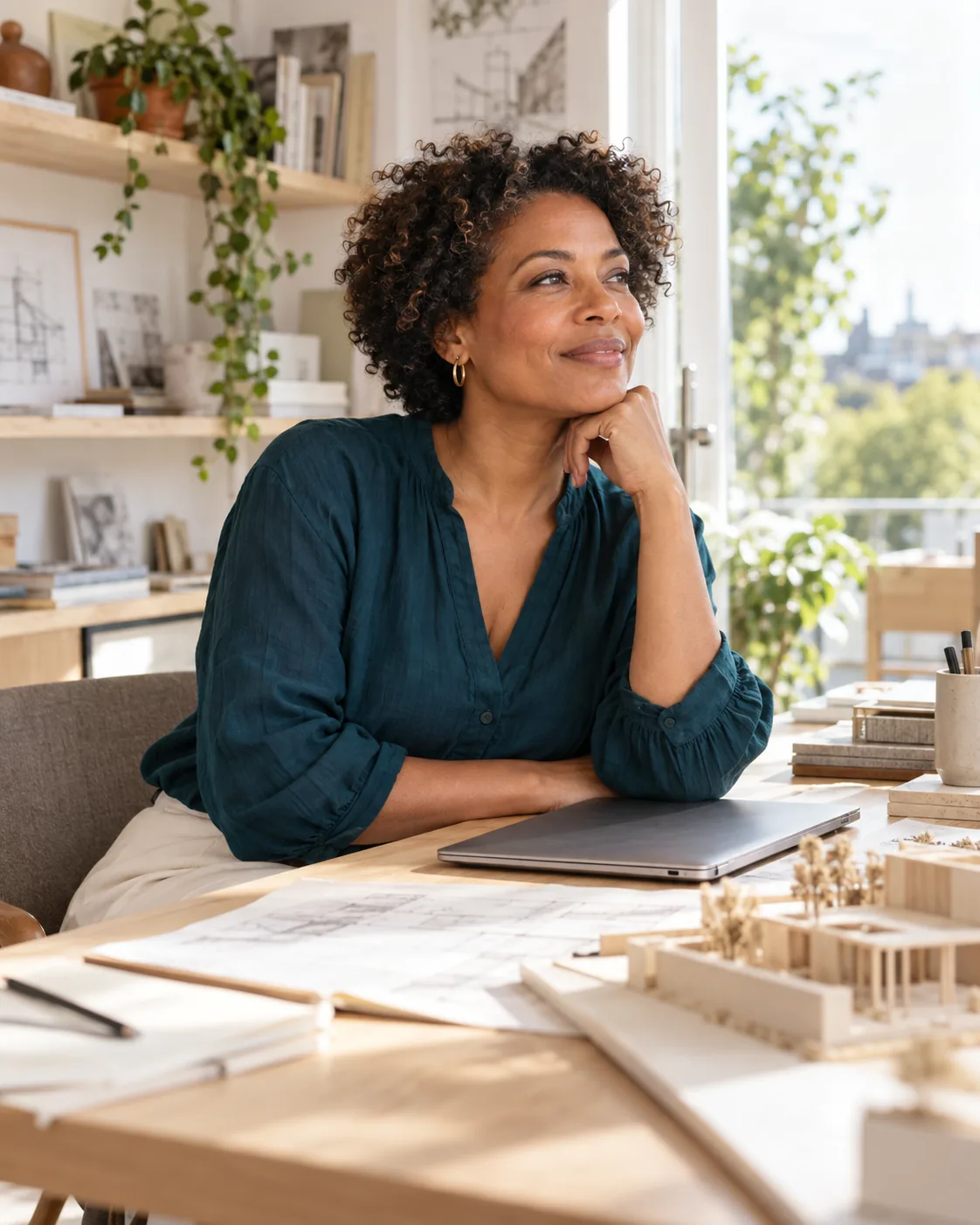 Independent architect taking a relaxed pause at a desk in a bright studio.