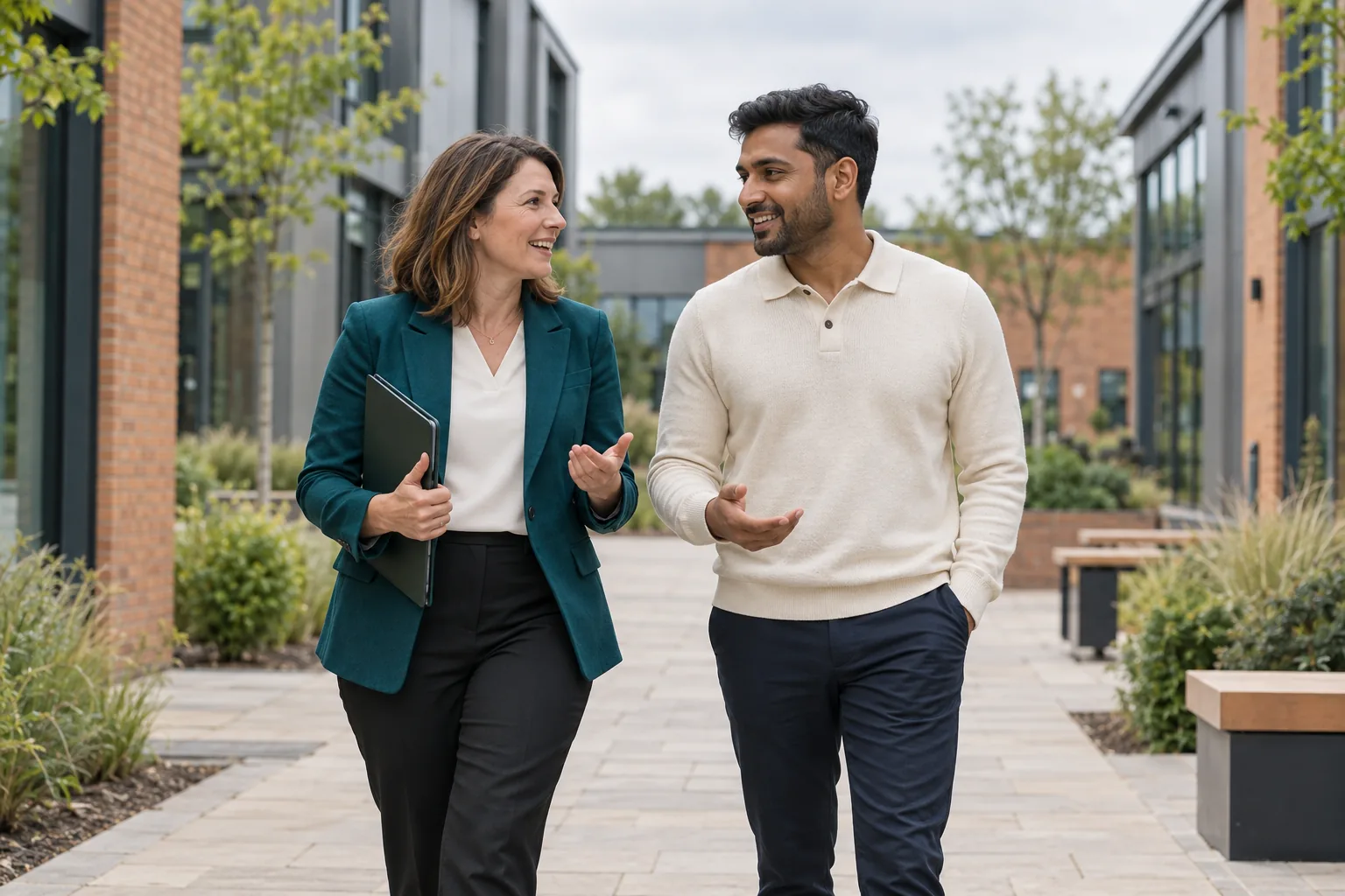 Two professionals walking together through a landscaped business courtyard.