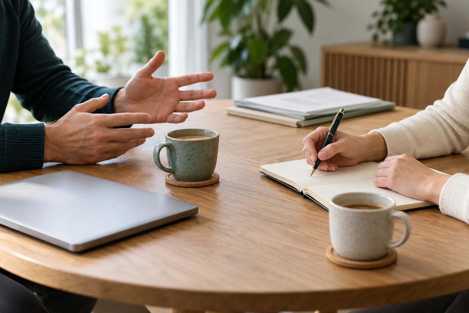 Business owner and adviser discussing a notebook and paperwork over coffee.