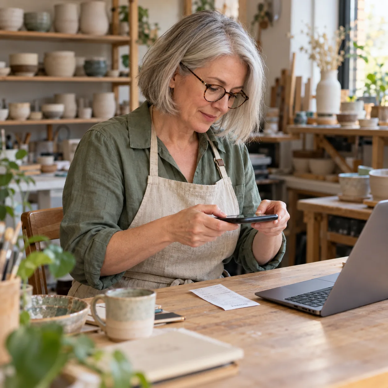 Ceramics studio owner using a phone to photograph a receipt beside her laptop.