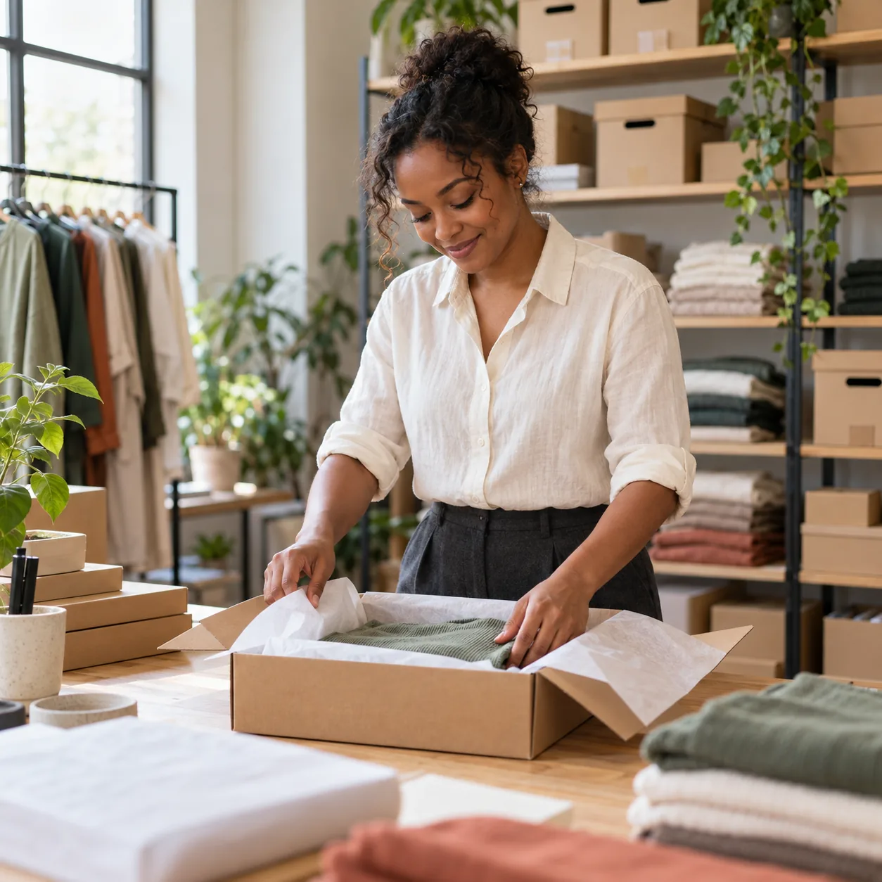 Online retailer packing a customer order at a worktable beside shelves of stock.