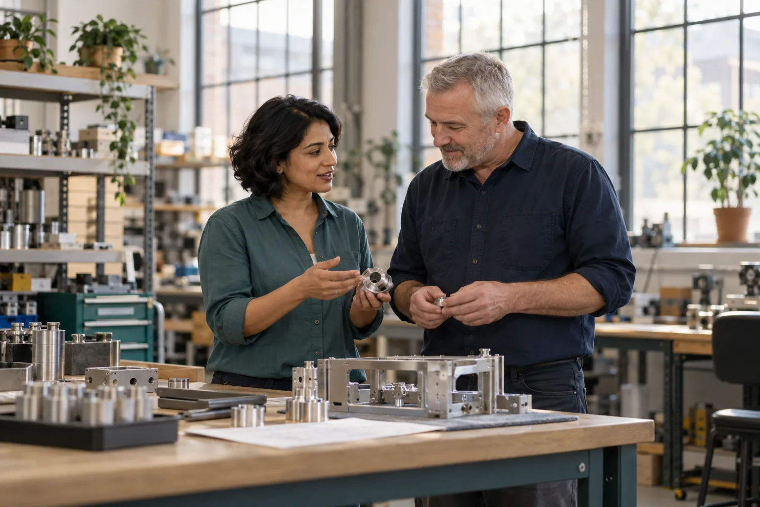 Two business owners talking beside a workbench in a bright small manufacturing workshop.