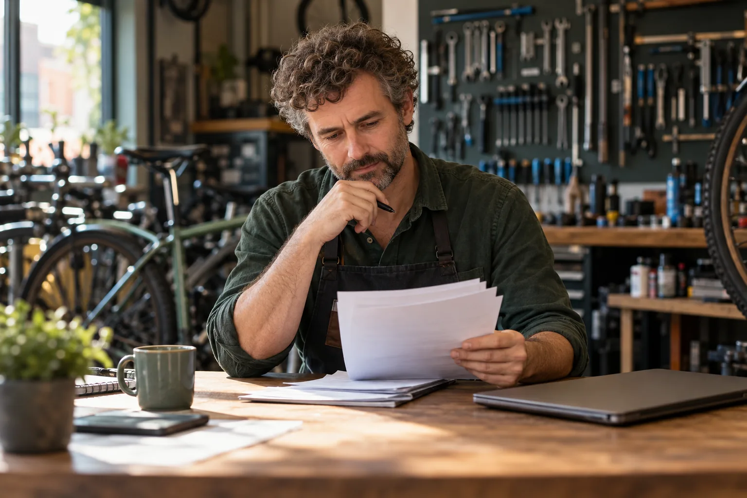 Bicycle shop owner reviewing paperwork at a desk with repaired bikes in the background.
