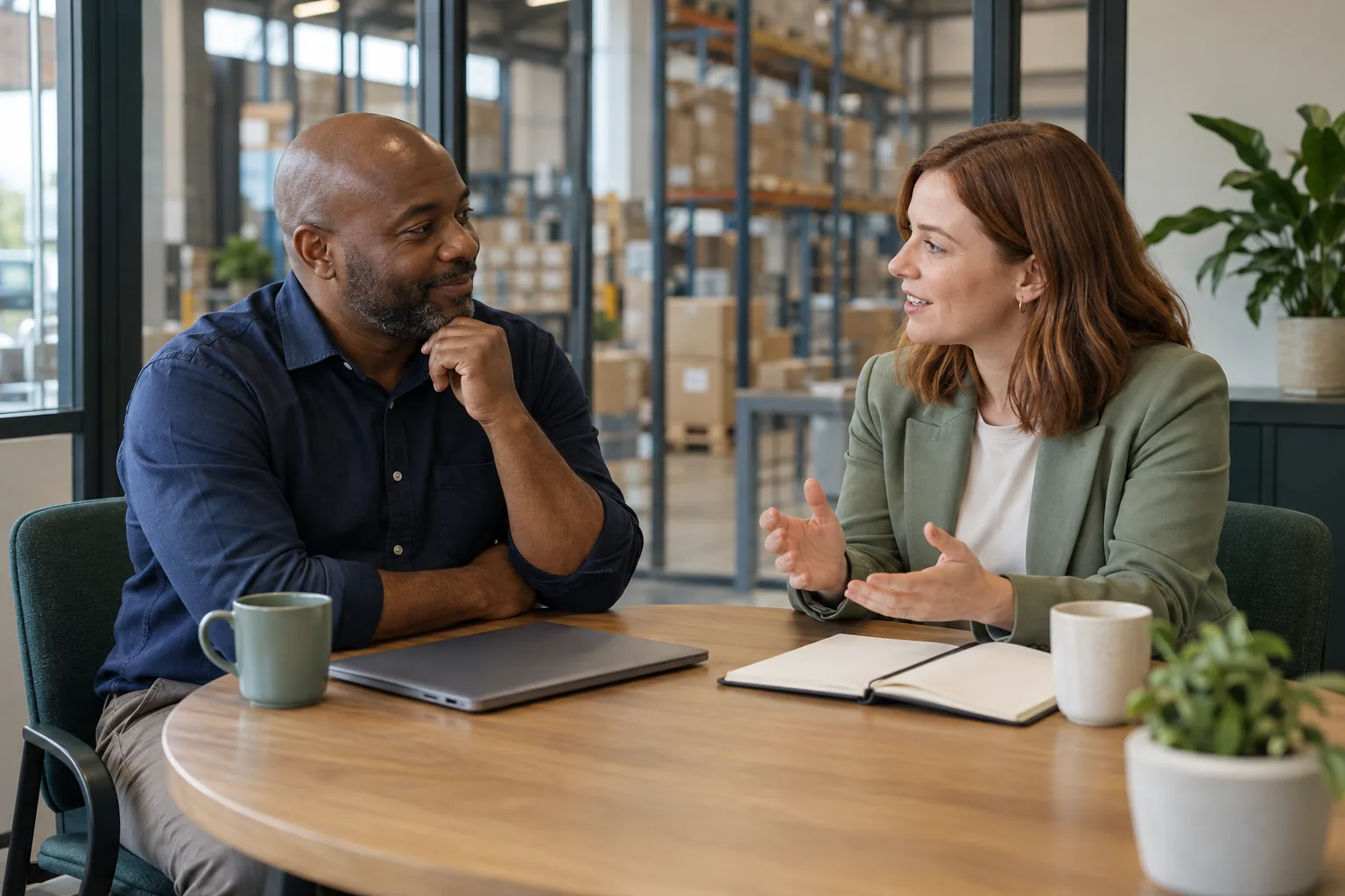 Business owner and adviser talking at a meeting table overlooking a small warehouse.