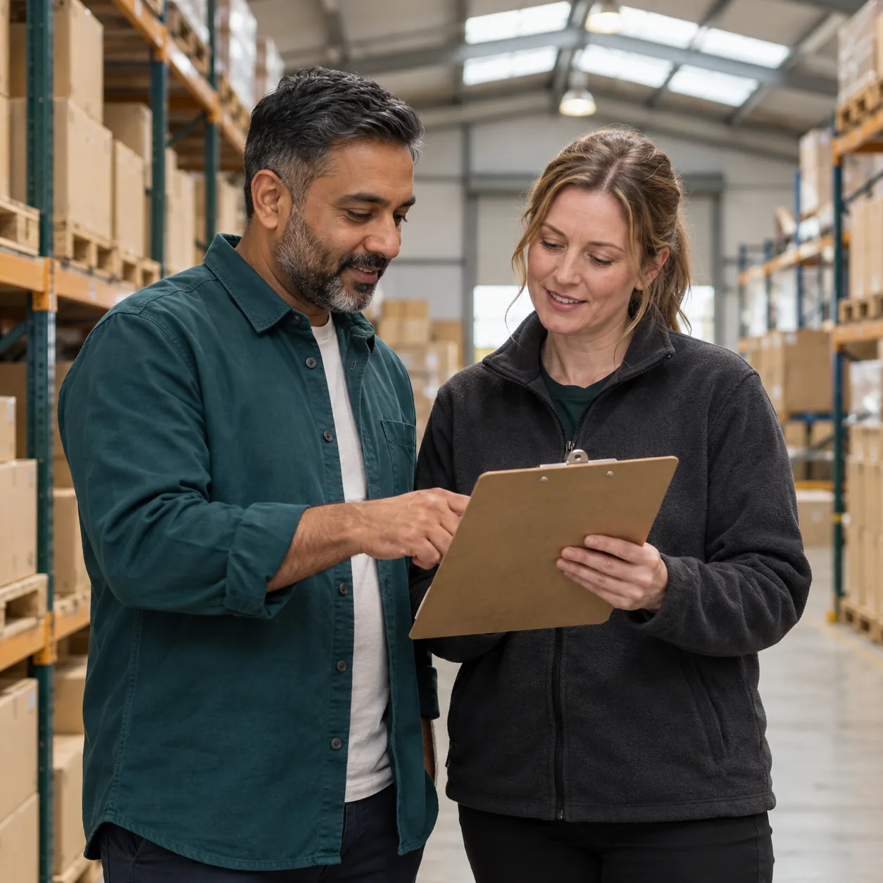 Two small business colleagues checking stock in a tidy warehouse.