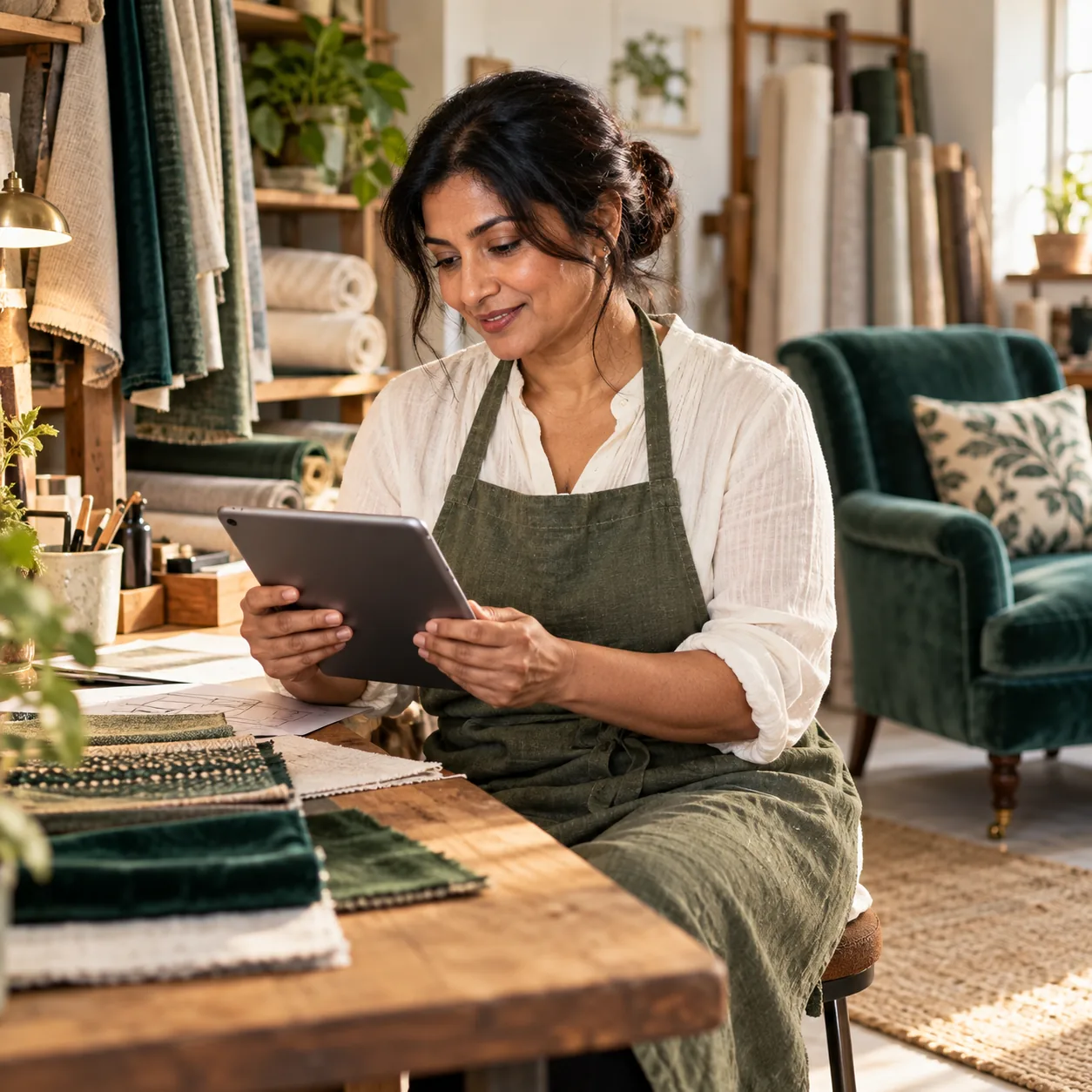 Business owner reviewing a document on a tablet in an upholstery studio.