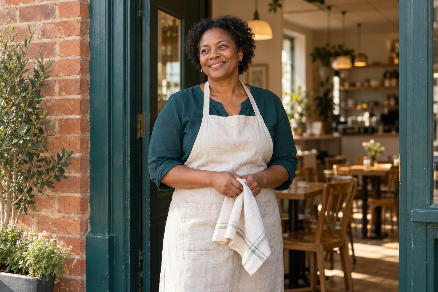 Independent café owner standing by the doorway of her neighbourhood business.