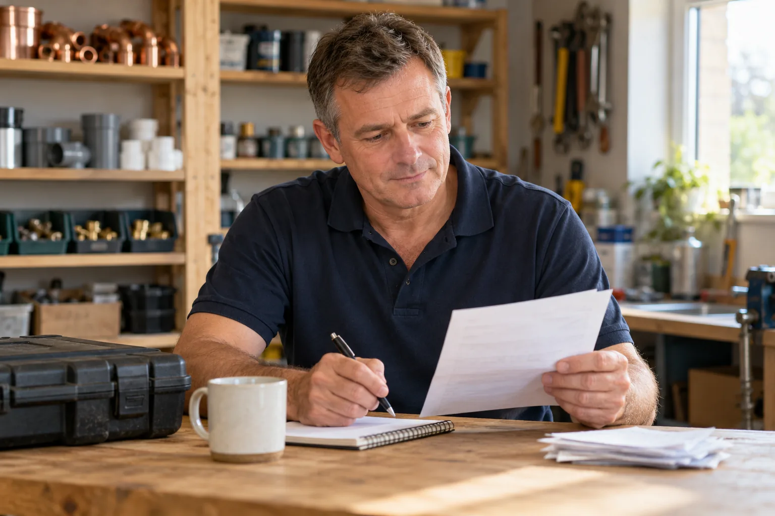 Tradesperson checking business paperwork beside a closed tool case at a workbench.