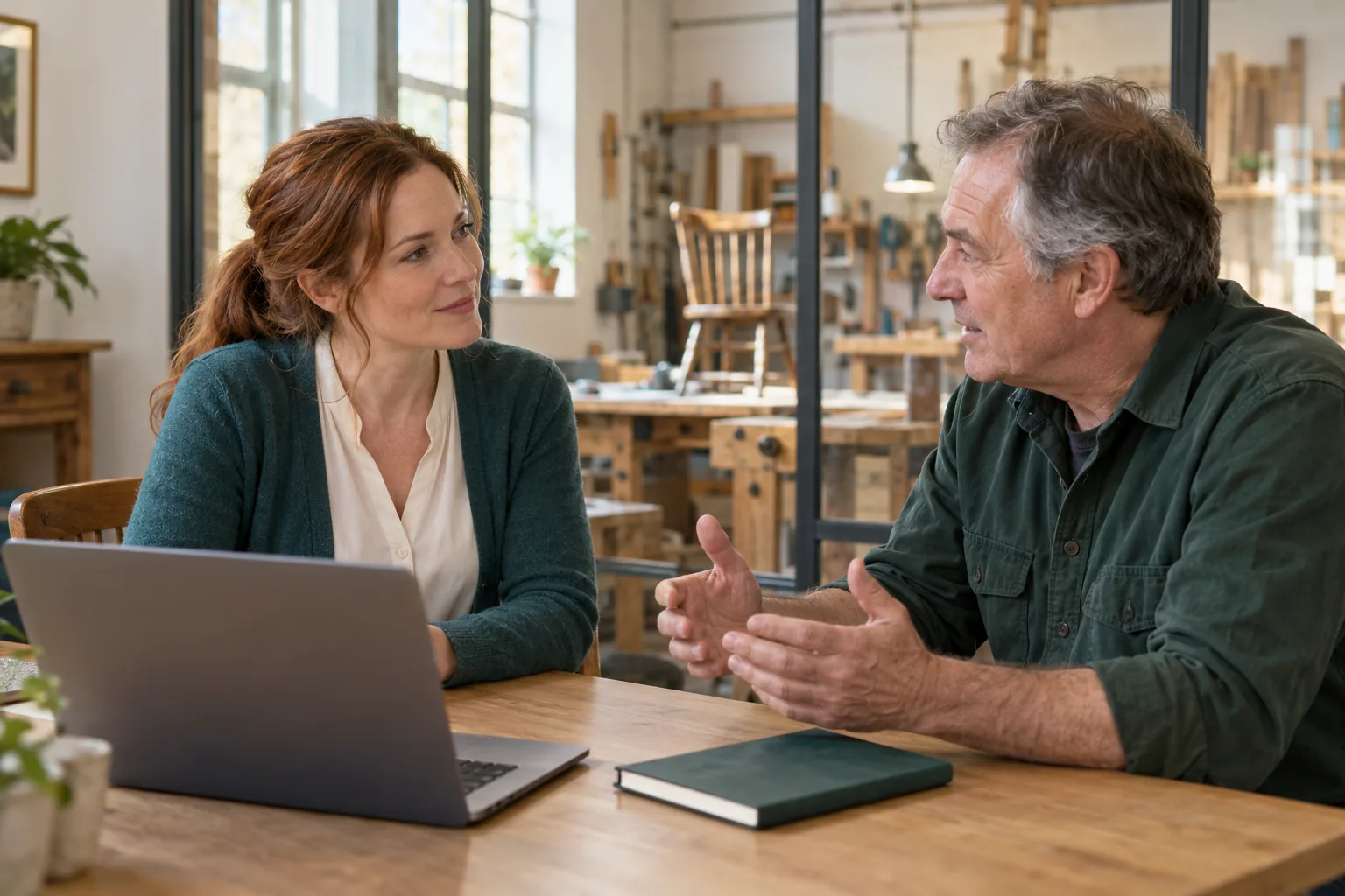 Adviser and business owner discussing plans at a table in a small workshop office.